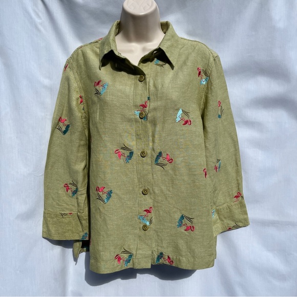 Hearts of Palm Green Linen Blend Shirt with Flamingos - Size 10 - Picture 1 of 11